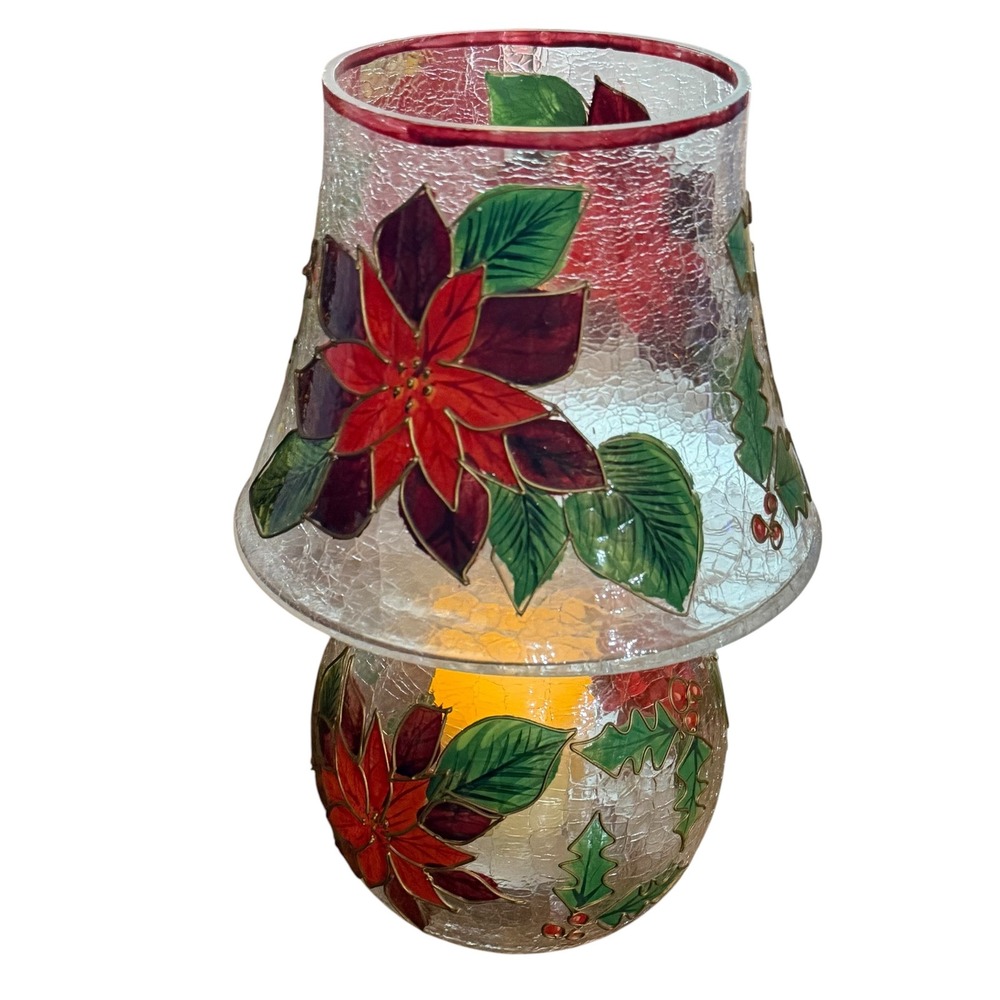 Celebrations Poinsettia 10" Candle Fairy Lamp Crystal Crackle Glass Vintage‎ 90s